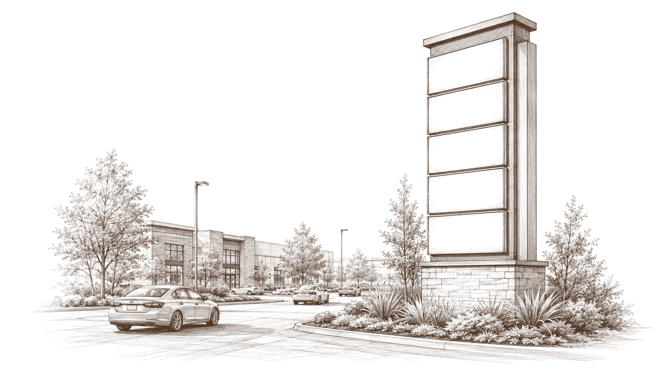 Pylon sign sketch: a tall multi-tenant pylon with a masonry base at a business-park entrance, stacked tenant panels facing the parking lot with a building and trees behind
